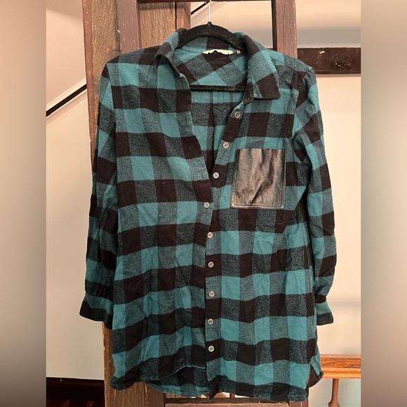 Soft surroundings flannel top faux leather pocket oversized XS teal black plaid - Picture 1 of 8